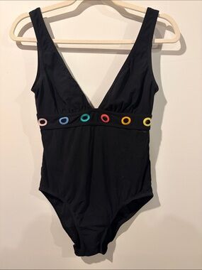 Karla Colletto Black One-Piece Swimsuit with Colorful Ring Detail Size 8